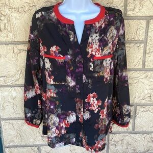 Casual career Floral Top Button Up Blouse Pockets Loose Fit Size XS
